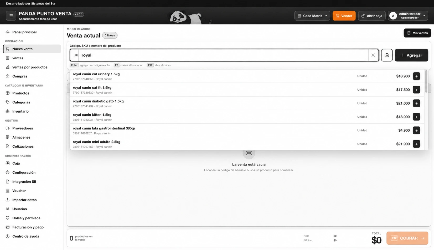 Punto de venta de PandaPOS: interfaz actual con navegación lateral y controles de gestión