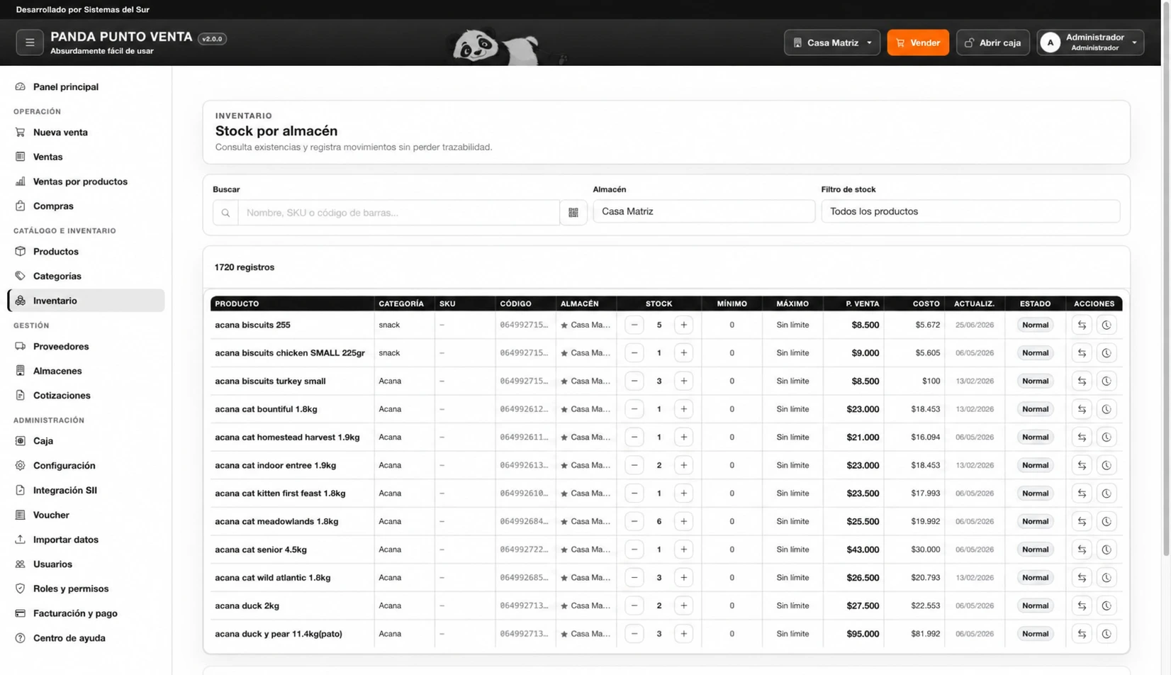 Inventario de PandaPOS: interfaz actual con navegación lateral y controles de gestión